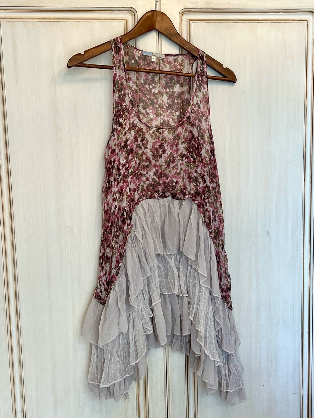 Cecico Tunic Tank Top Floral Boho Layered Ruffle Hem Romantic Whimsical Hippie S